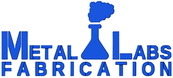 Logo of Metal Labs Fabrication with blue text and a beaker icon on a white background
